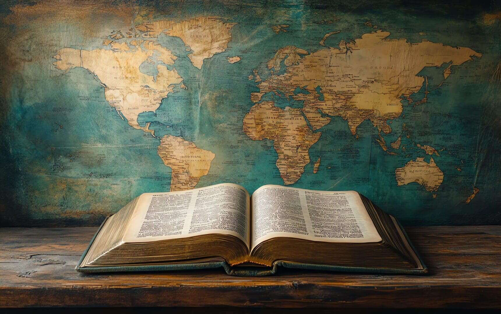An open book lies before a vintage world map backdrop